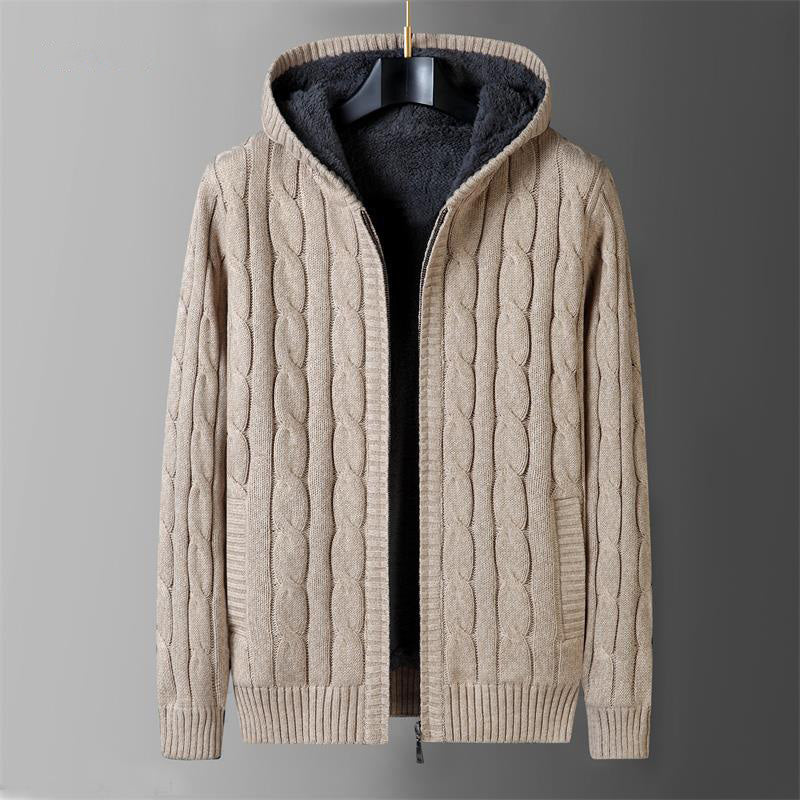 Men’s Hooded Zip Sweater – Knitted Long Sleeve Cardigan with Sherpa Lining