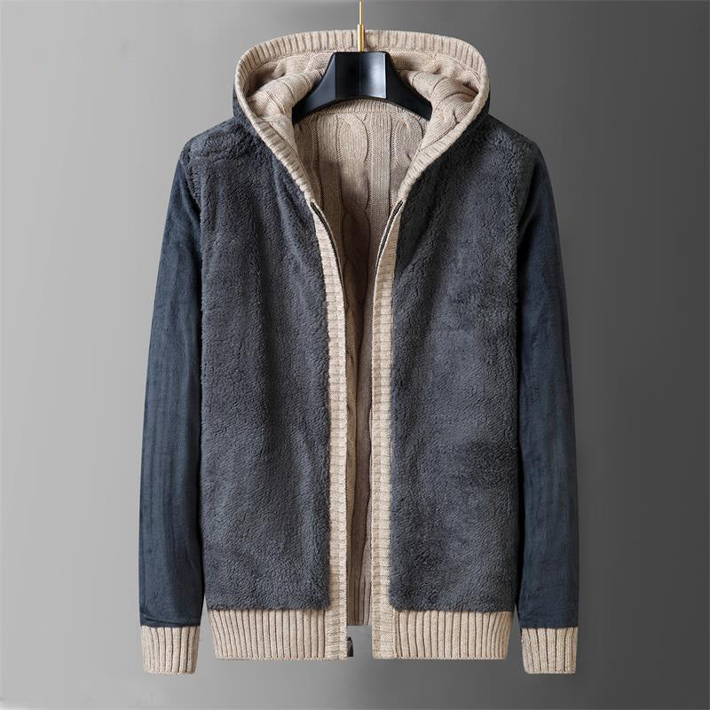Men’s Hooded Zip Sweater – Knitted Long Sleeve Cardigan with Sherpa Lining