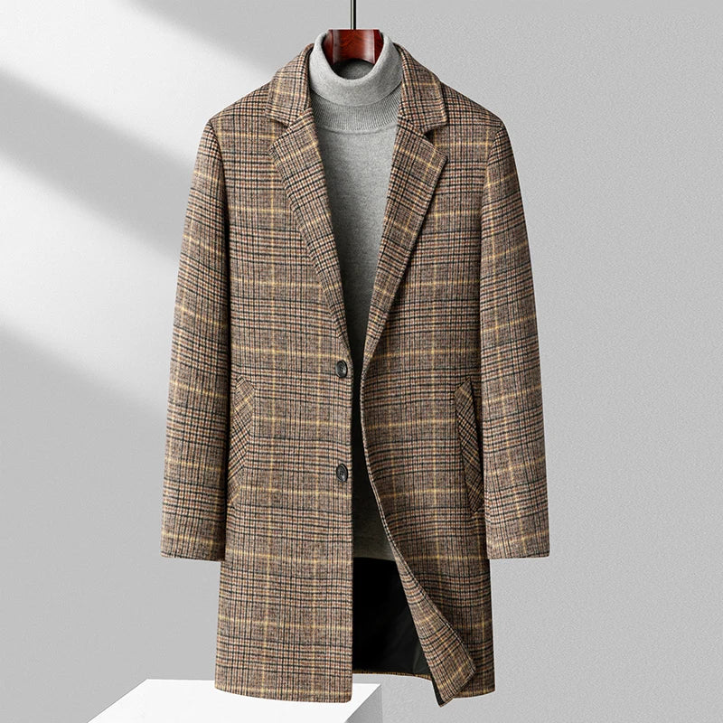 Men’s Mid Length Plaid Coat – Button Front Business Casual Overcoat with Notched Lapel