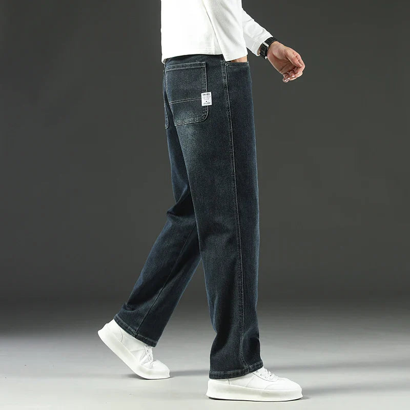 Men's Wide Leg Jeans with Side Patch Pocket - Woven Label Detail - Full Length Casual Style