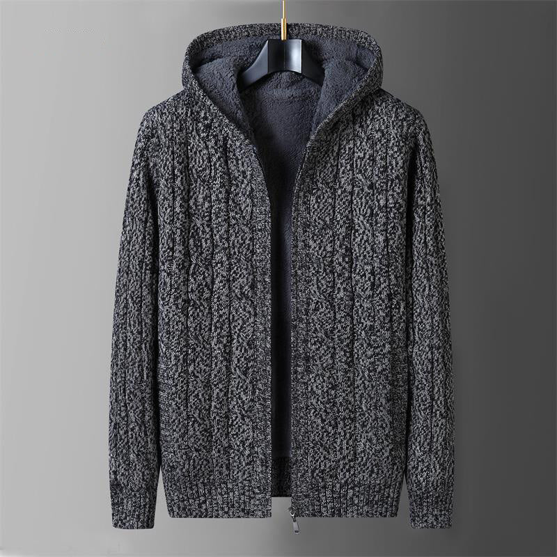 Men’s Hooded Zip Sweater – Knitted Long Sleeve Cardigan with Sherpa Lining
