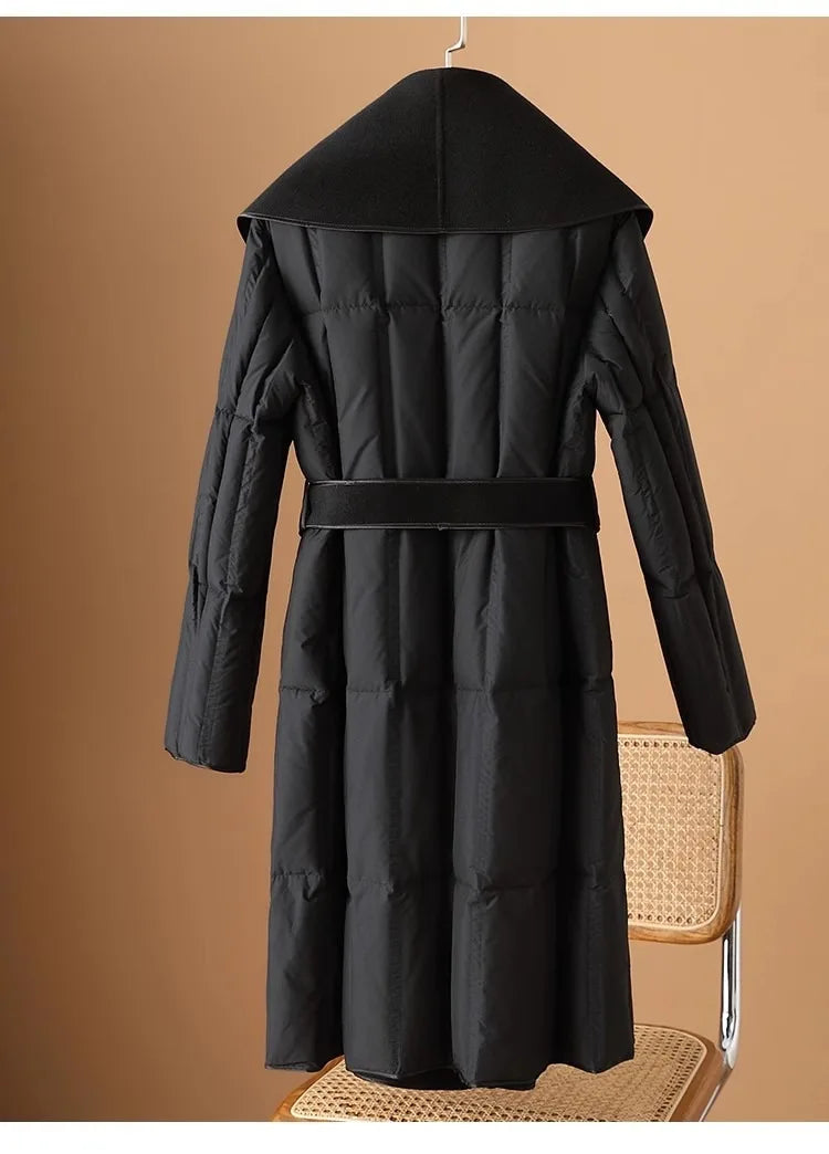 Women’s Long Quilted Duck Down Coat with Wide Shawl Collar and Tie Belt Closure