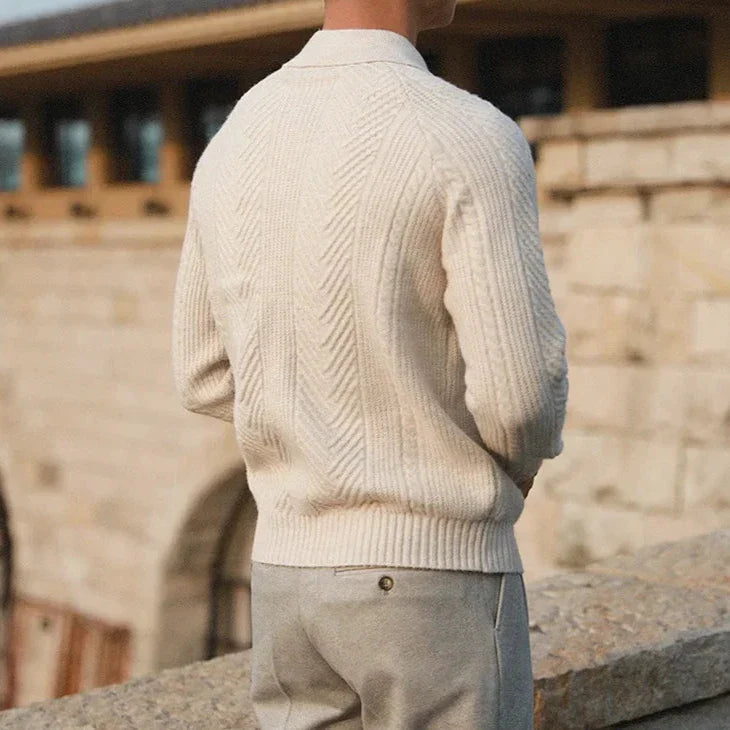 Men’s Knitted Polo Sweater with Button Placket - Long Sleeve Textured Knit Top