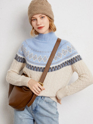 Women’s Jacquard High Neck Knitted Wool Jumper with Patterned Yoke and Ribbed Cuffs