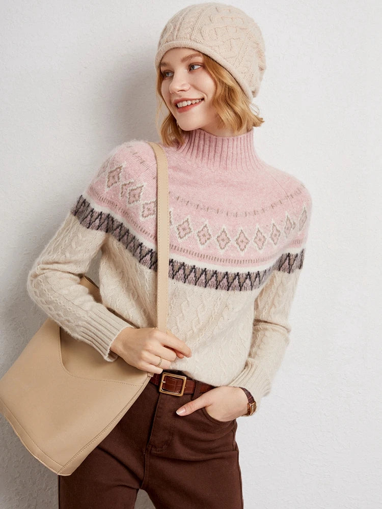 Women’s Jacquard High Neck Knitted Wool Jumper with Patterned Yoke and Ribbed Cuffs