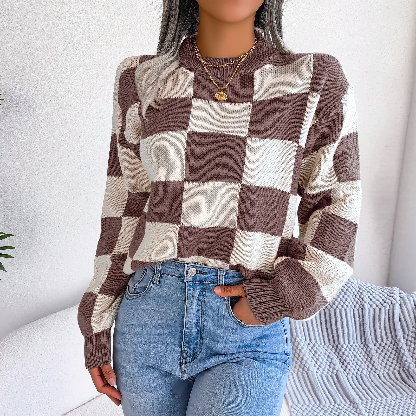 Women’s Jumper – Crew Neck Long Sleeve Checkered Knit with Ribbed Cuffs and Hem