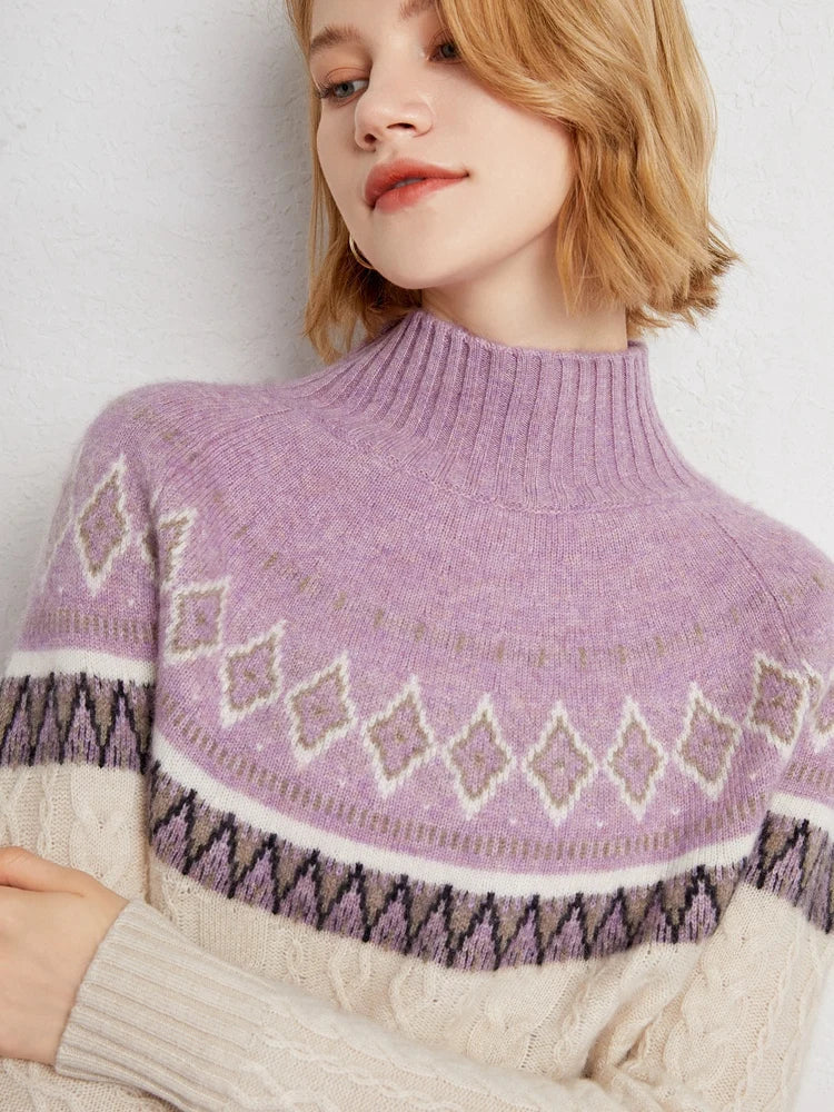 Women’s Jacquard High Neck Knitted Wool Jumper with Patterned Yoke and Ribbed Cuffs