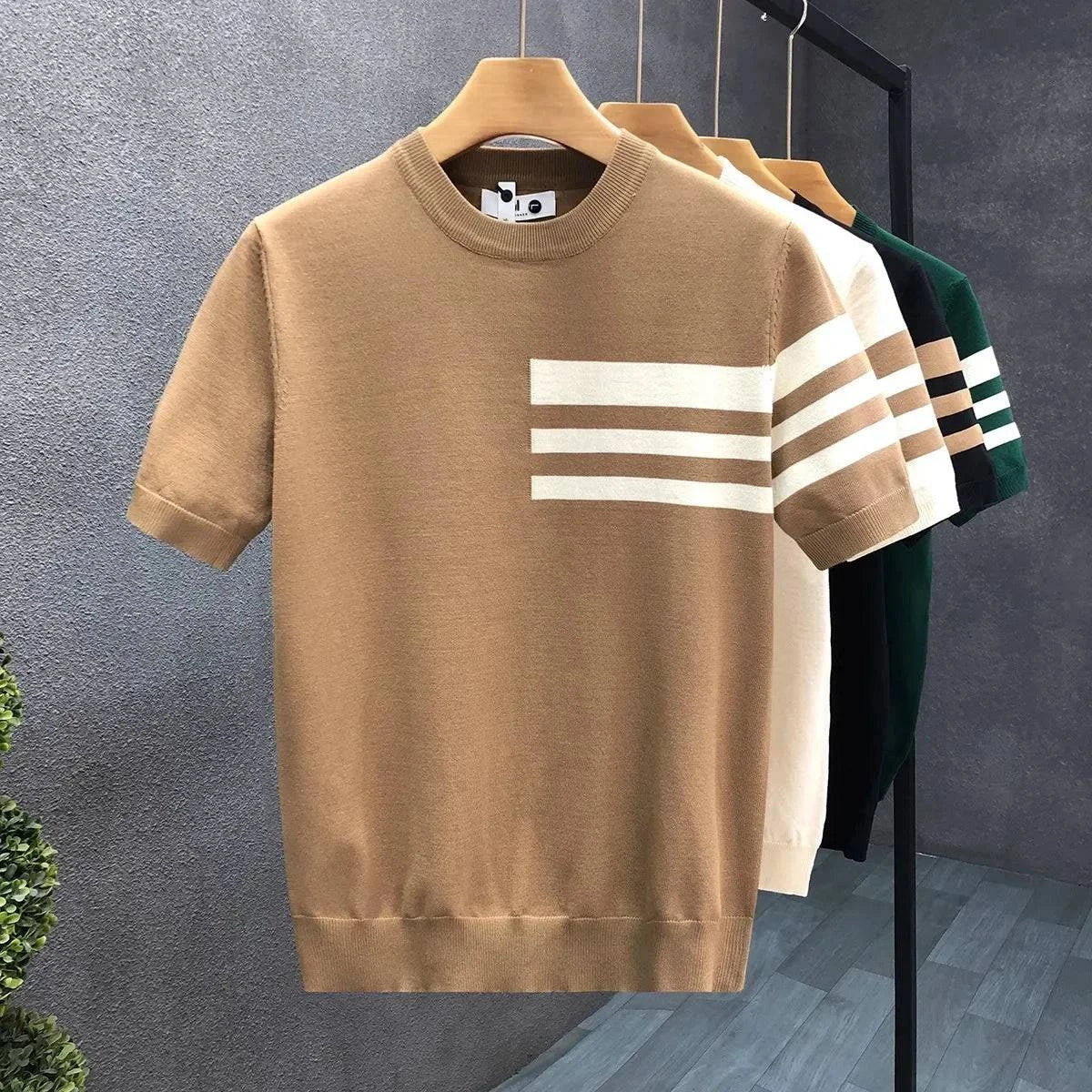 Men's Short Sleeve Knit Jumper - Crew Neck Contrast Stripe Panel