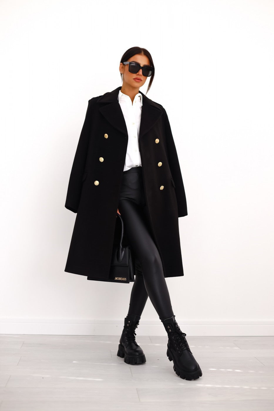 Women's Longline Double Breasted Coat - Notched Lapel - Gold Button - Side Slit