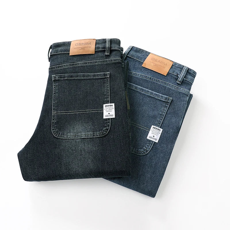 Men's Wide Leg Jeans with Side Patch Pocket - Woven Label Detail - Full Length Casual Style