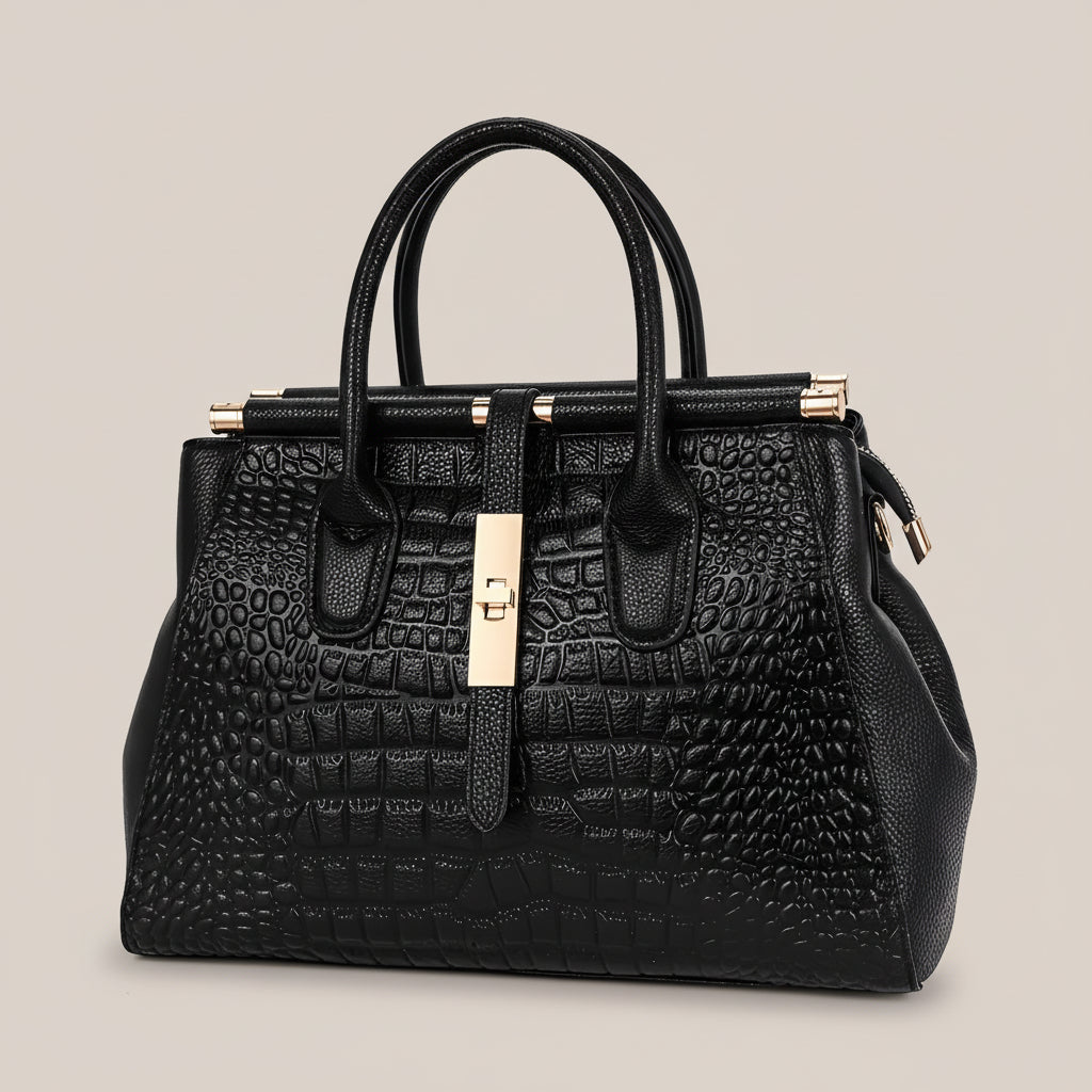 Women’s Croc Pattern Handbag with Top Handles and Gold Lock Detail