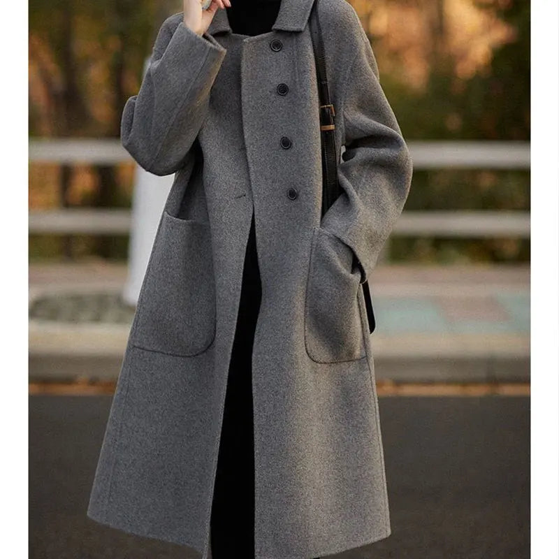 Women’s Double Breasted Mid Length Coat with Notched Collar and Patch Pockets