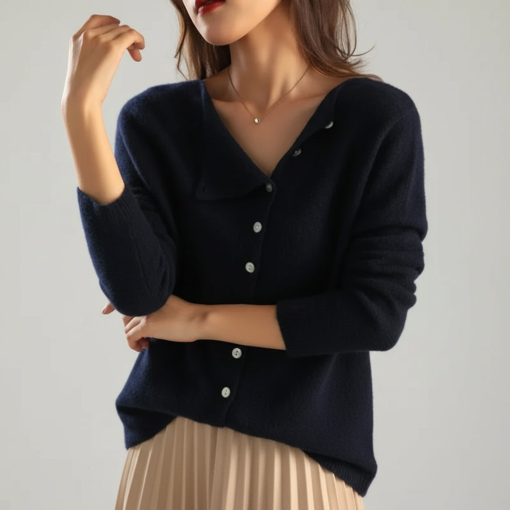 Women’s Asymmetric Button Front Knitted Cardigan Jumper with Long Sleeves and Folded Collar Detail