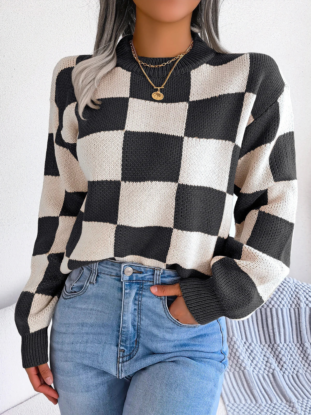 Women’s Jumper – Crew Neck Long Sleeve Checkered Knit with Ribbed Cuffs and Hem