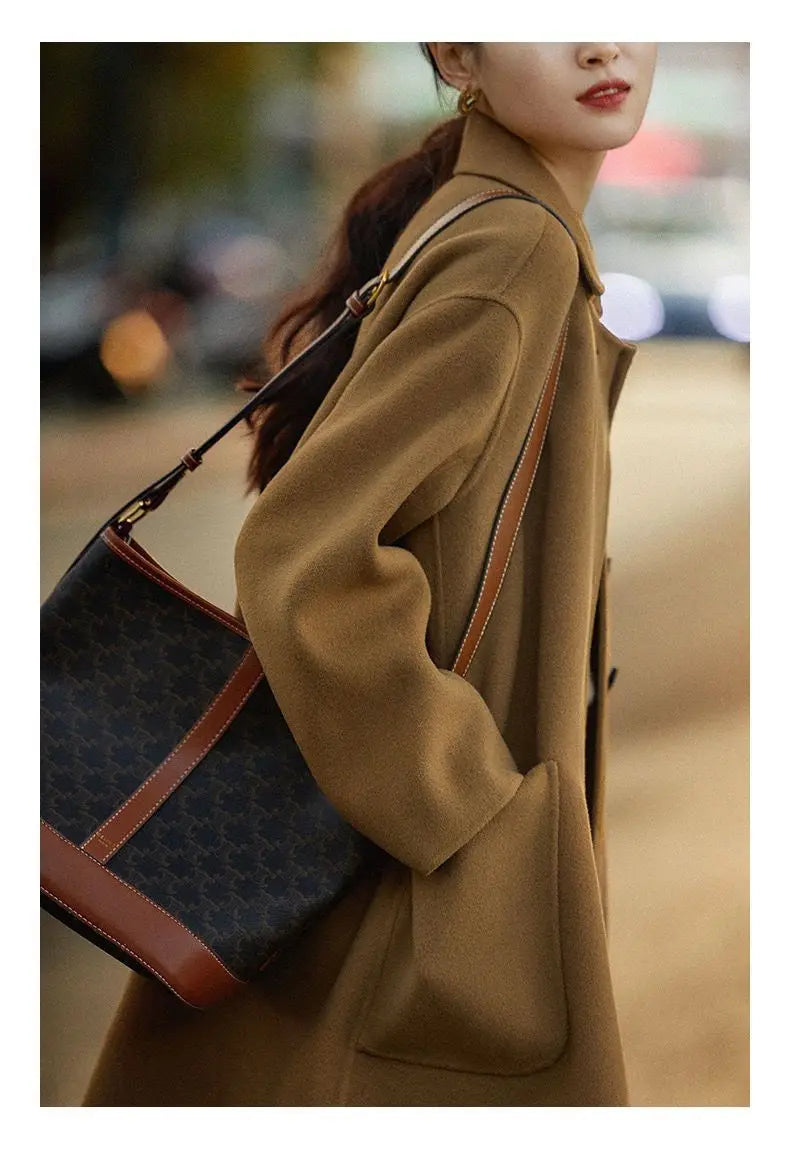 Women’s Double Breasted Mid Length Coat with Notched Collar and Patch Pockets