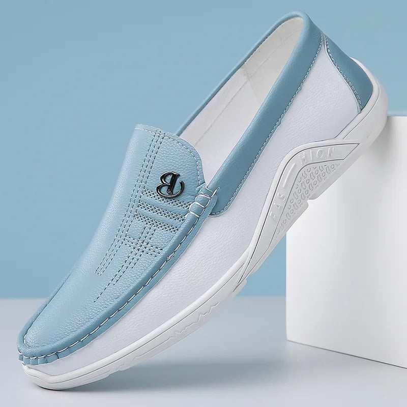 Men's Slip-On Loafers with Contrast Panel - Metal Badge Detail - White Sole - Casual Style