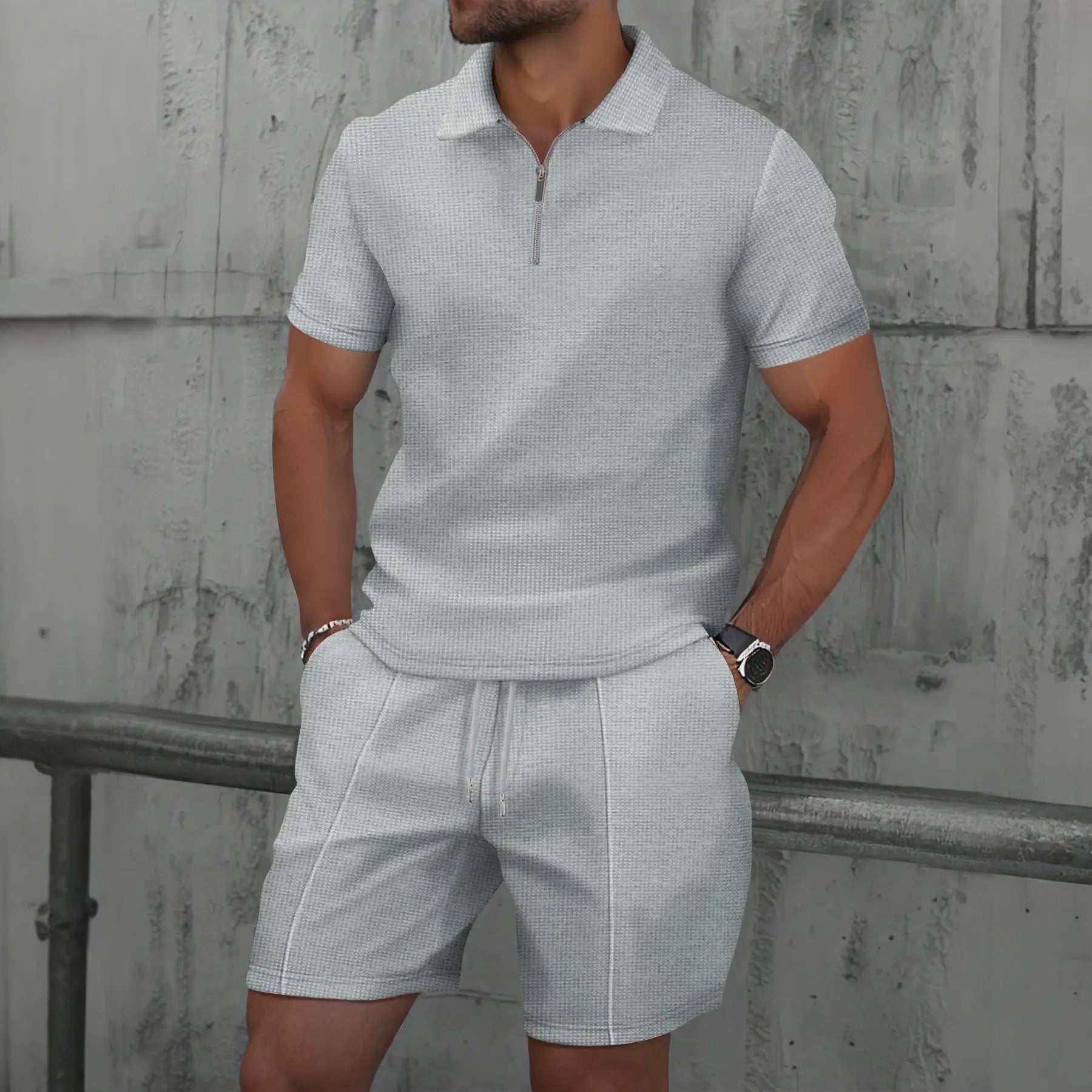 Men’s Short Sleeve Polo Shirt and Shorts Set with Zip Neck and Drawstring Waist