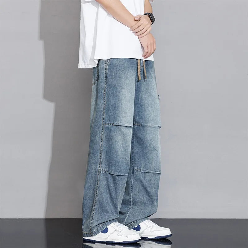 Men's Wide Leg Cargo Pants - Elasticated Waist - Drawstring