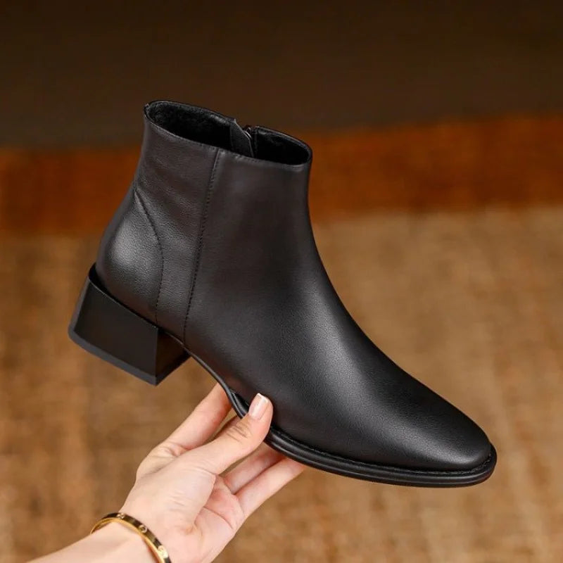 Women’s Ankle Boots – Chunky Block Heel Slip On Boots with Almond Toe