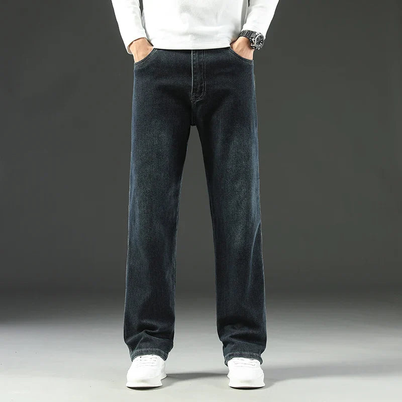 Men's Wide Leg Jeans with Side Patch Pocket - Woven Label Detail - Full Length Casual Style