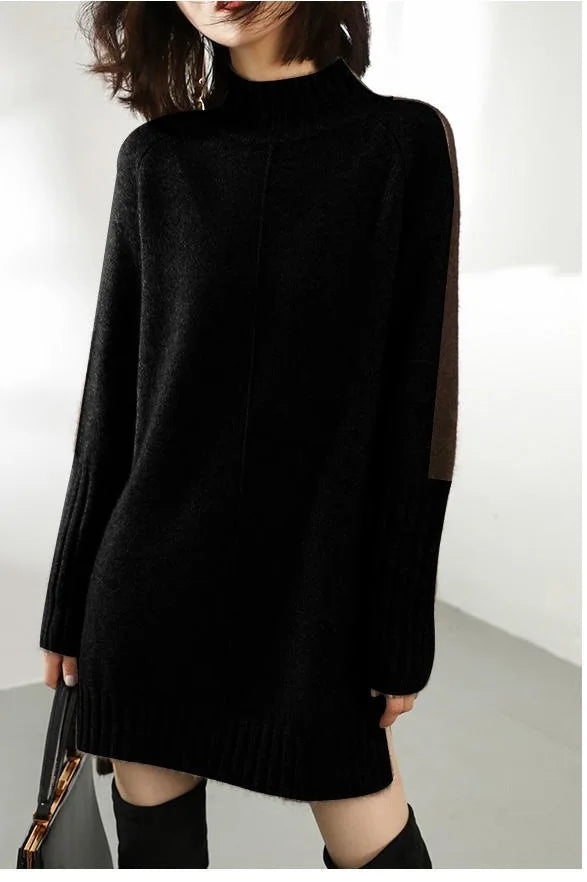 Women’s High-Neck Knit Jumper Dress – Relaxed Longline Silhouette