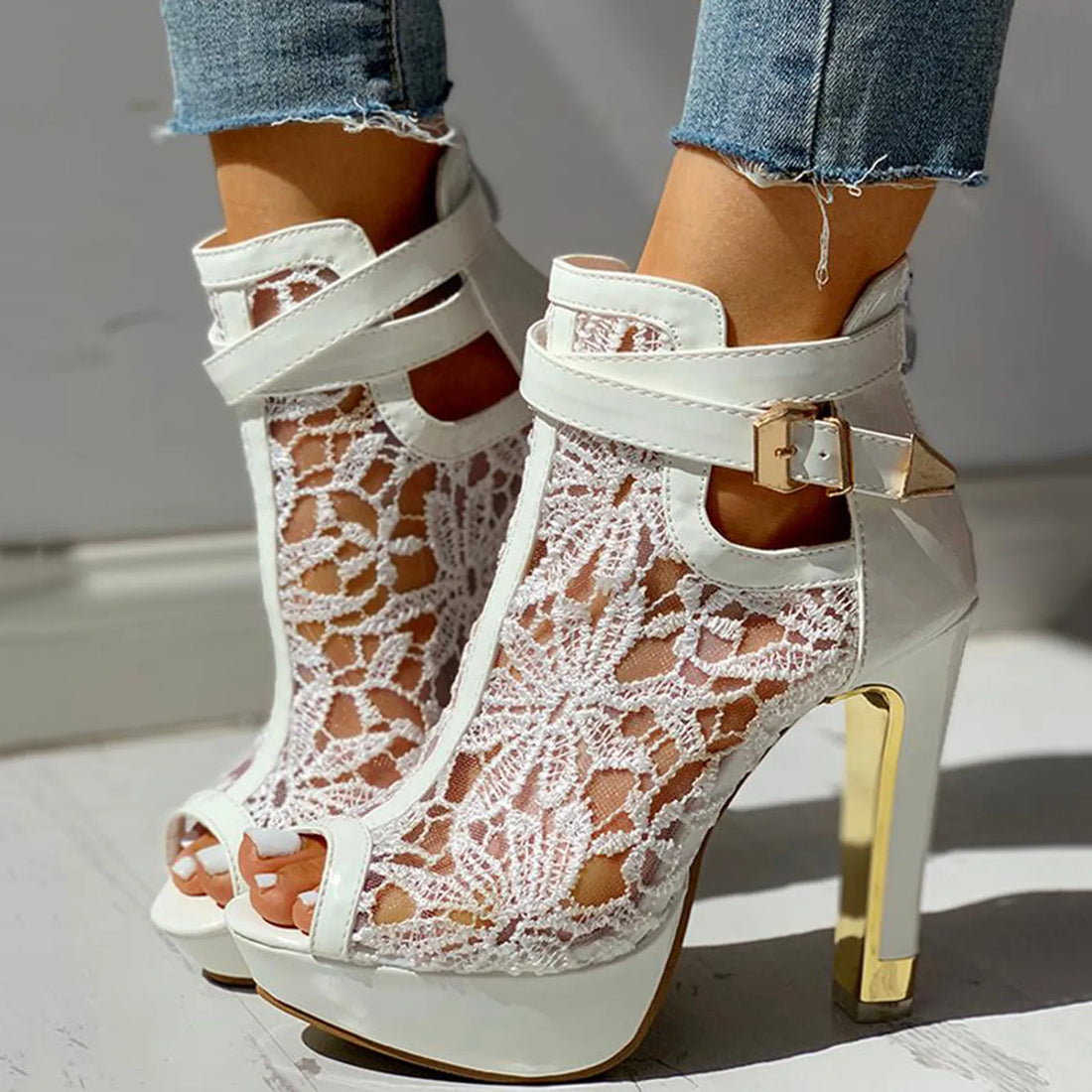 Women’s Lace Mesh Platform Heels with Peep Toe and Ankle Strap Buckle