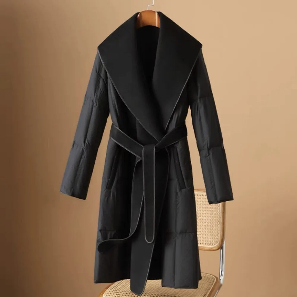 Women’s Long Quilted Duck Down Coat with Wide Shawl Collar and Tie Belt Closure