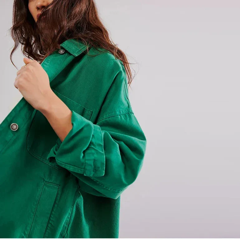 Women’s Oversized Button Front Jacket with Chest Pockets and Long Sleeves