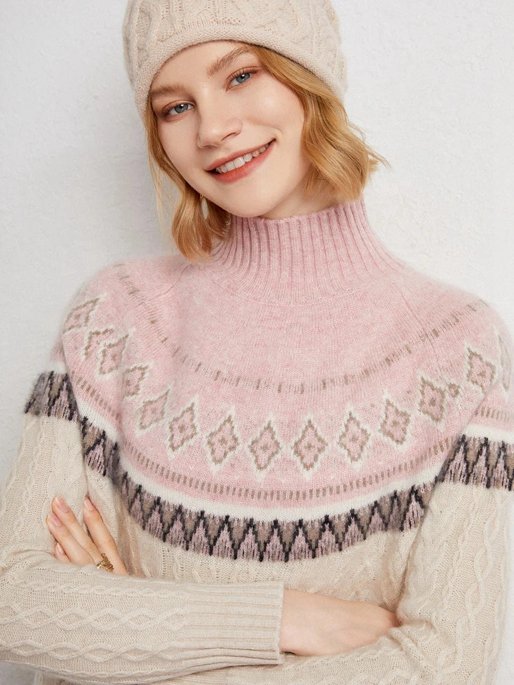 Women’s Jacquard High Neck Knitted Wool Jumper with Patterned Yoke and Ribbed Cuffs