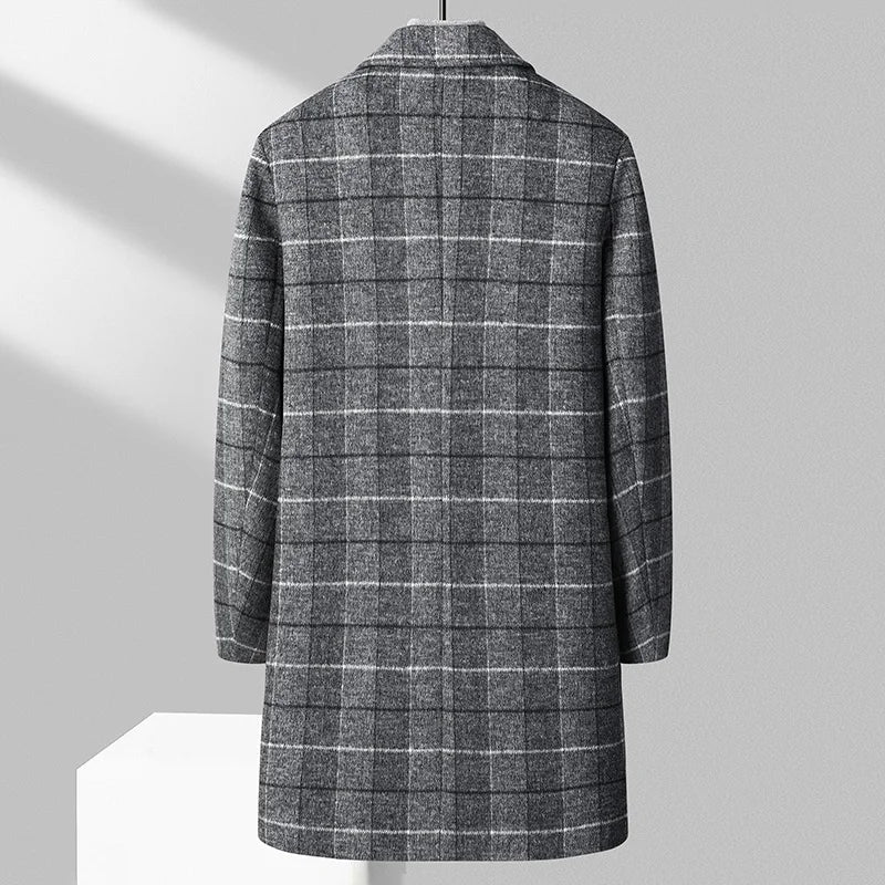 Men’s Mid Length Plaid Coat – Button Front Business Casual Overcoat with Notched Lapel
