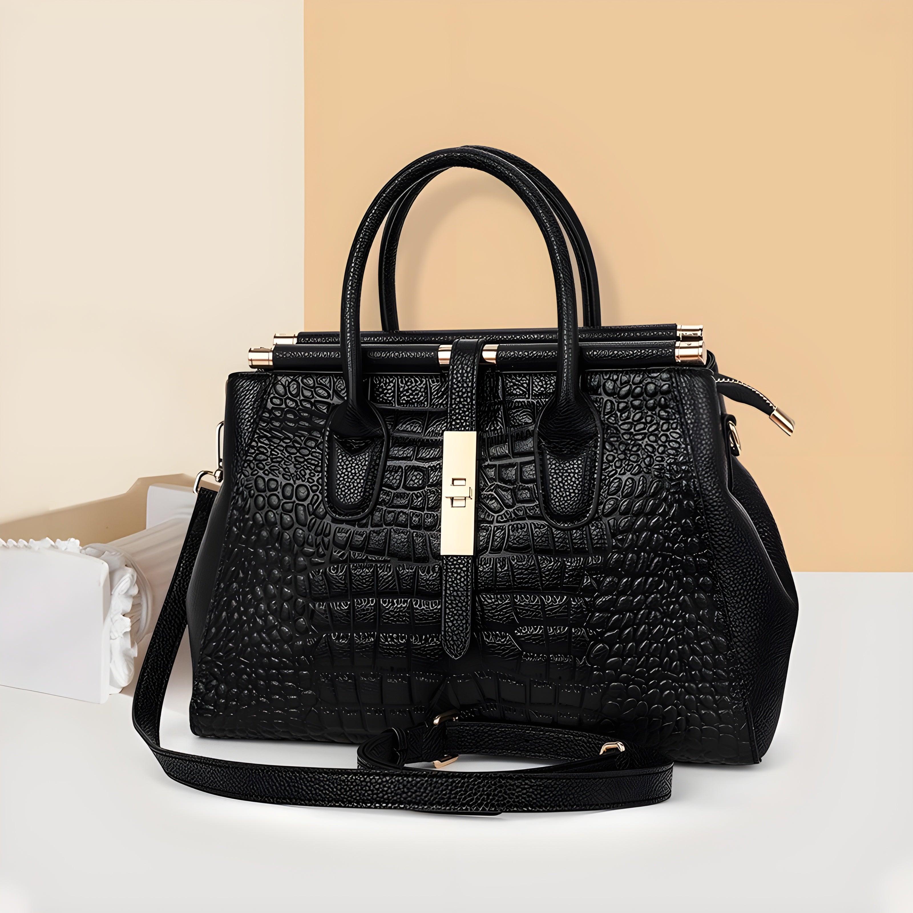 Women’s Croc Pattern Handbag with Top Handles and Gold Lock Detail