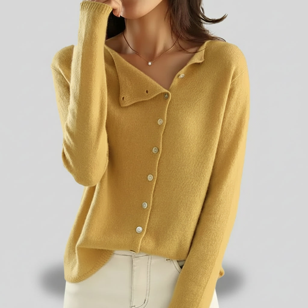 Women’s Asymmetric Button Front Knitted Cardigan Jumper with Long Sleeves and Folded Collar Detail