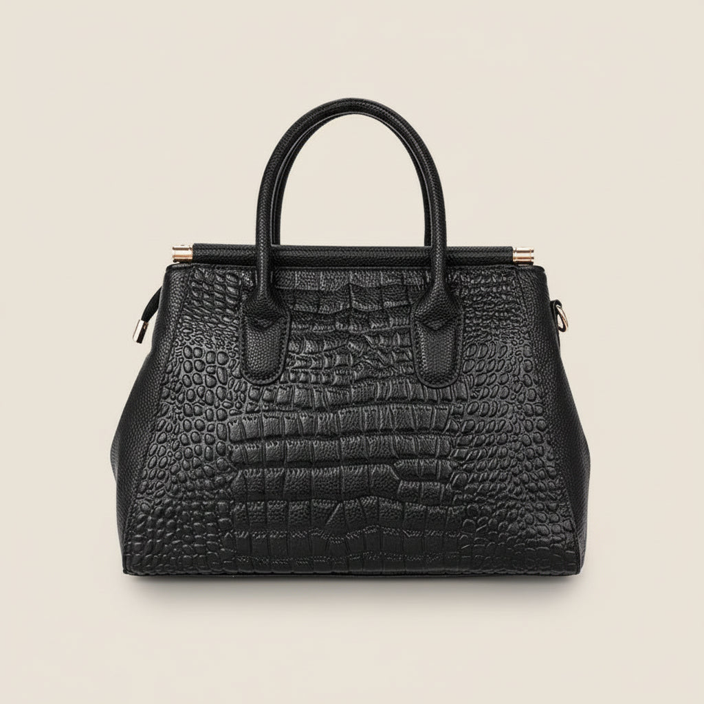 Women’s Croc Pattern Handbag with Top Handles and Gold Lock Detail
