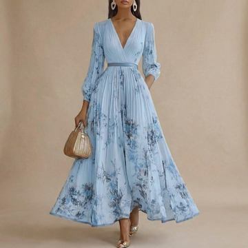 Women's Floral Maxi Dress - Long Sleeve V-Neck Pleated A-Line Skirt