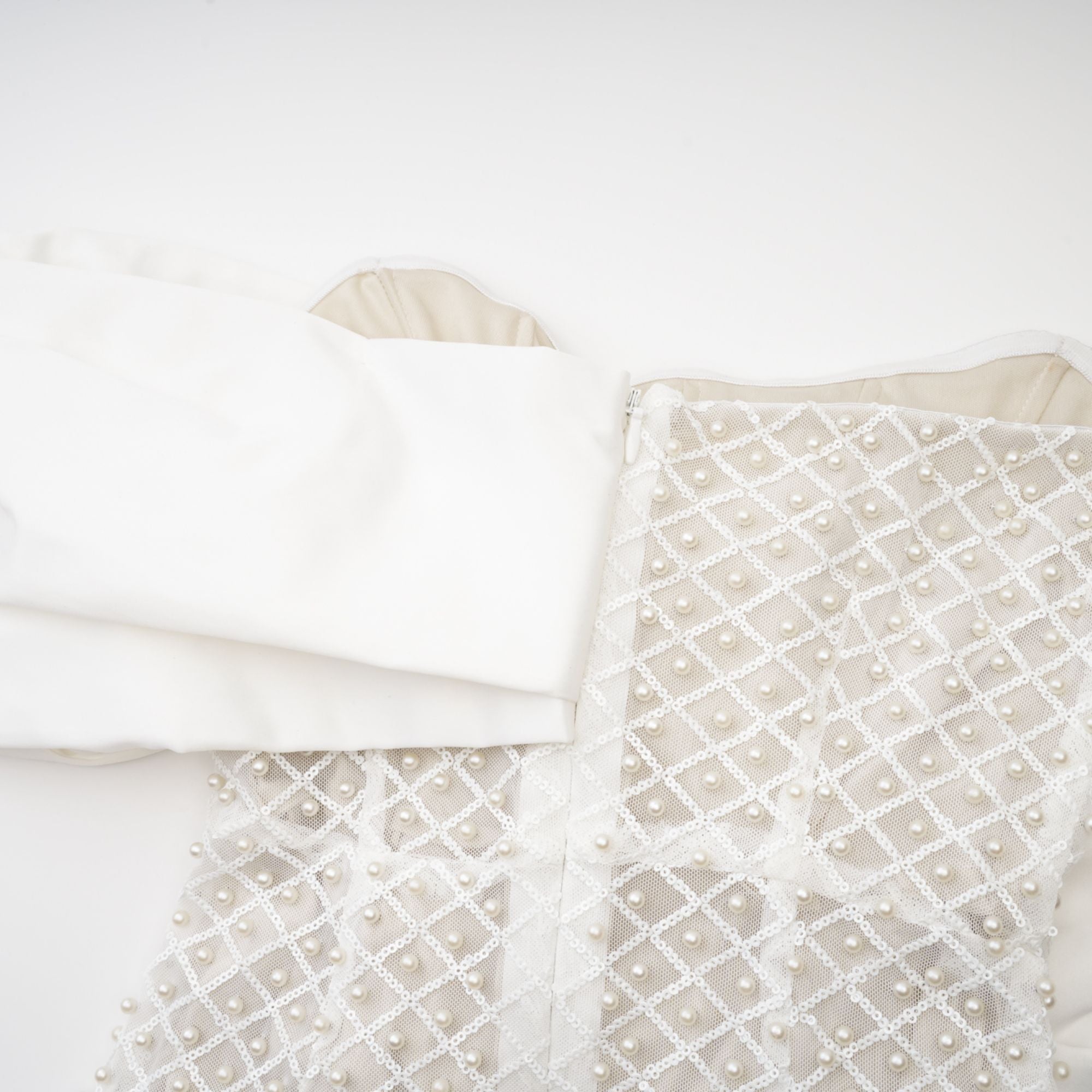 Women's White Strapless Pearl Embellished Maxi Dress - Bow Detail - Back Split