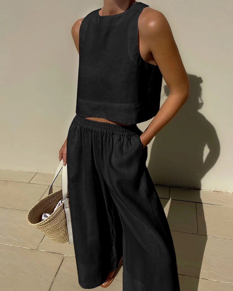 Women's Two Piece Set - Sleeveless Crop Top and Wide Leg Pants