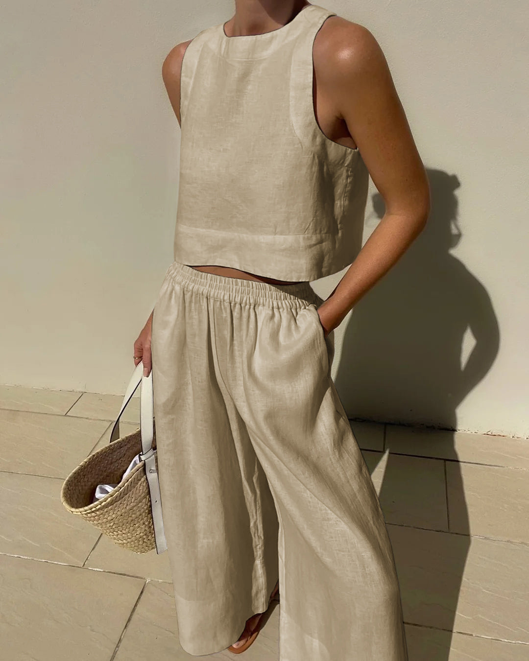 Women's Two Piece Set - Sleeveless Crop Top and Wide Leg Pants