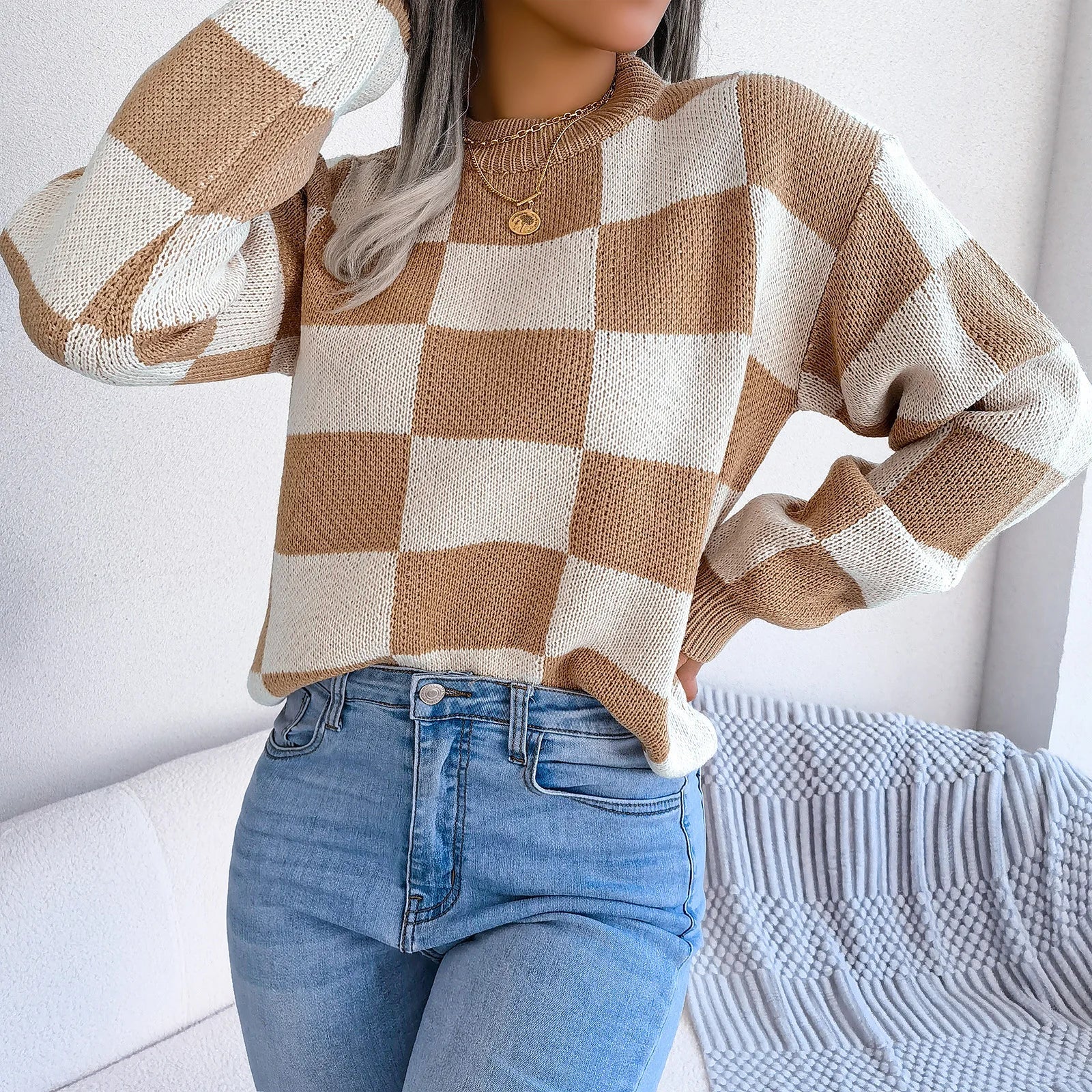 Women’s Jumper – Crew Neck Long Sleeve Checkered Knit with Ribbed Cuffs and Hem