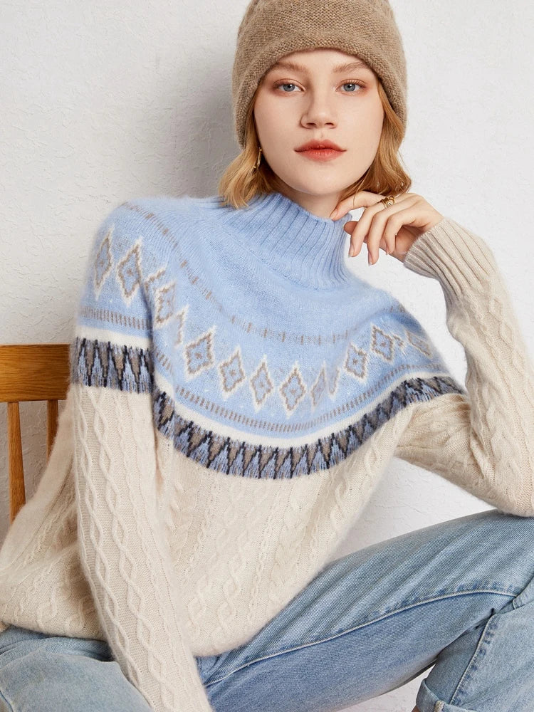 Women’s Jacquard High Neck Knitted Wool Jumper with Patterned Yoke and Ribbed Cuffs