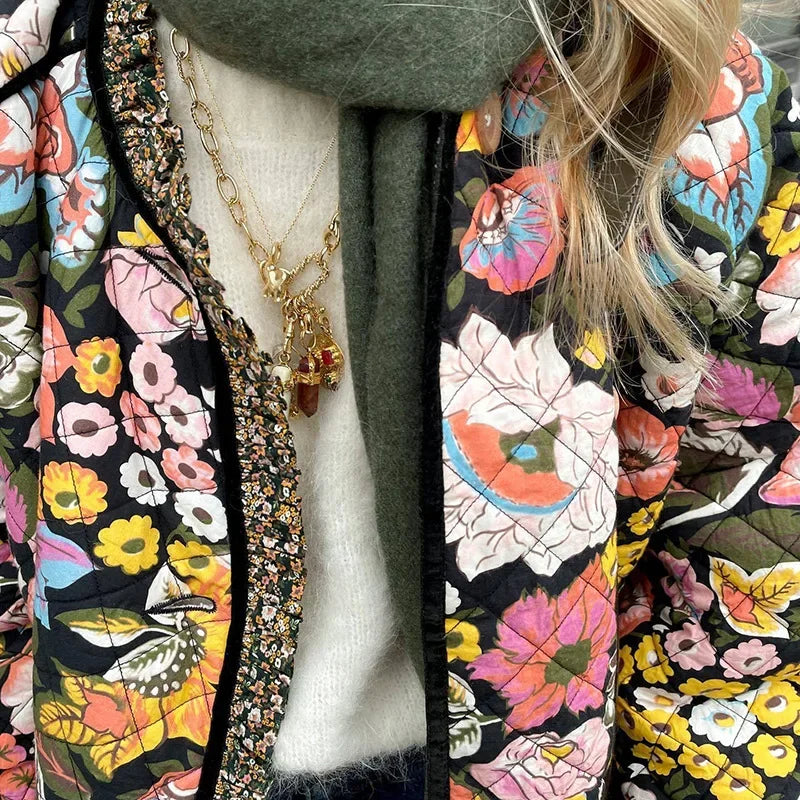 Women’s Quilted Jacket – Floral Print Padded Coat with Open Front Design