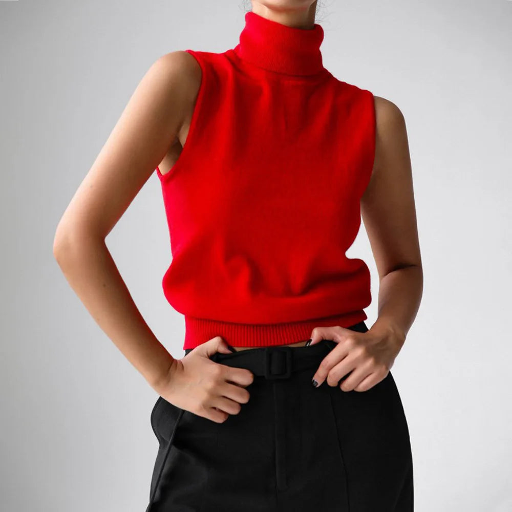 Women’s Sleeveless High Neck Knitted Vest with Ribbed Hem and Fitted Silhouette