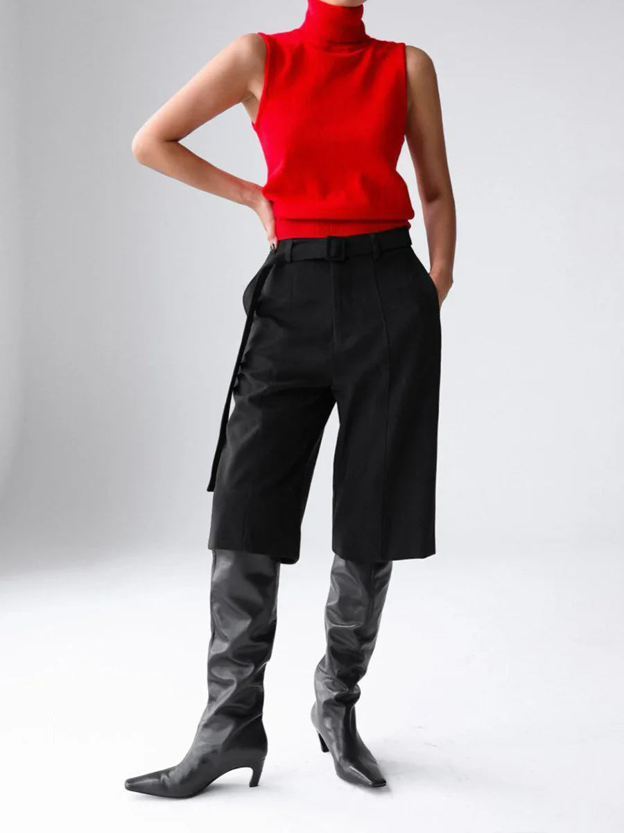 Women’s Sleeveless High Neck Knitted Vest with Ribbed Hem and Fitted Silhouette