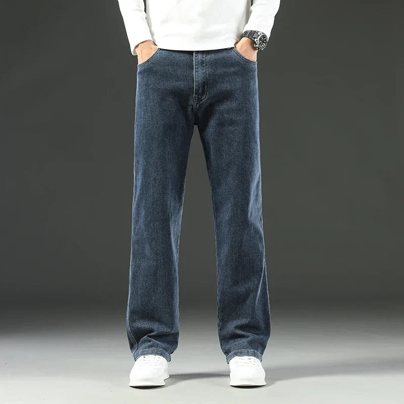 Men's Wide Leg Jeans with Side Patch Pocket - Woven Label Detail - Full Length Casual Style