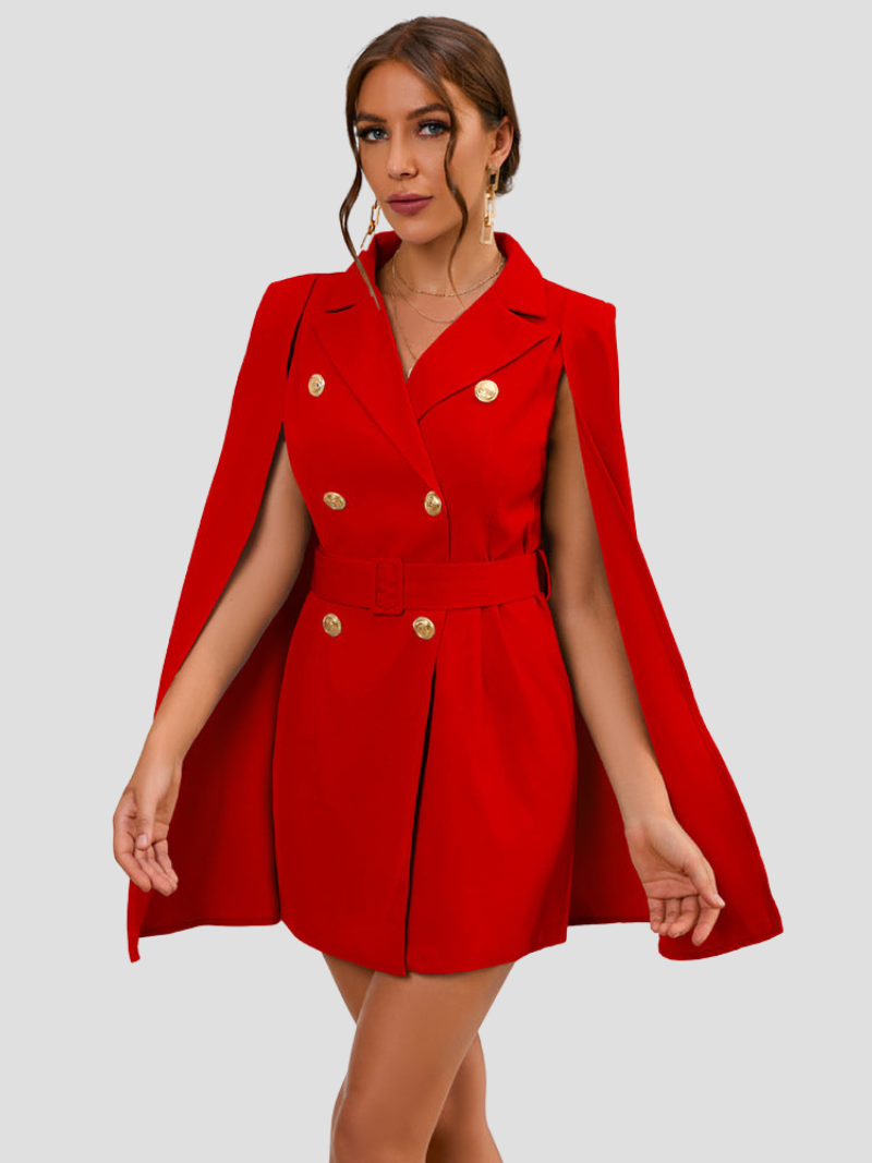 Women's Blazer Mini Dress - Double Breasted Cape Sleeve Notch Lapel Gold Button