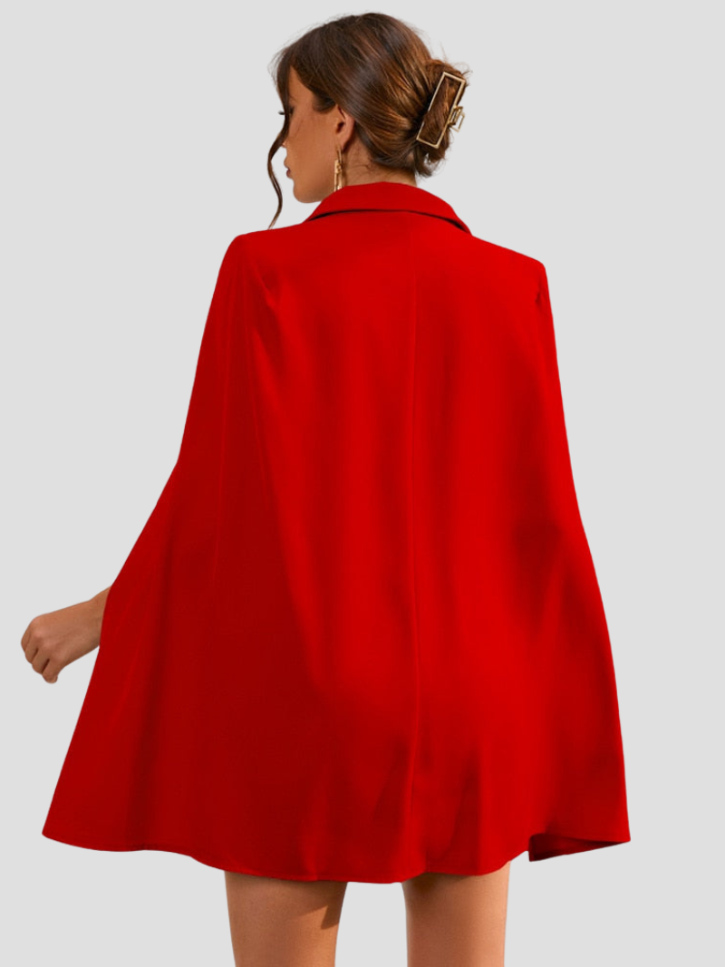 Women's Blazer Mini Dress - Double Breasted Cape Sleeve Notch Lapel Gold Button