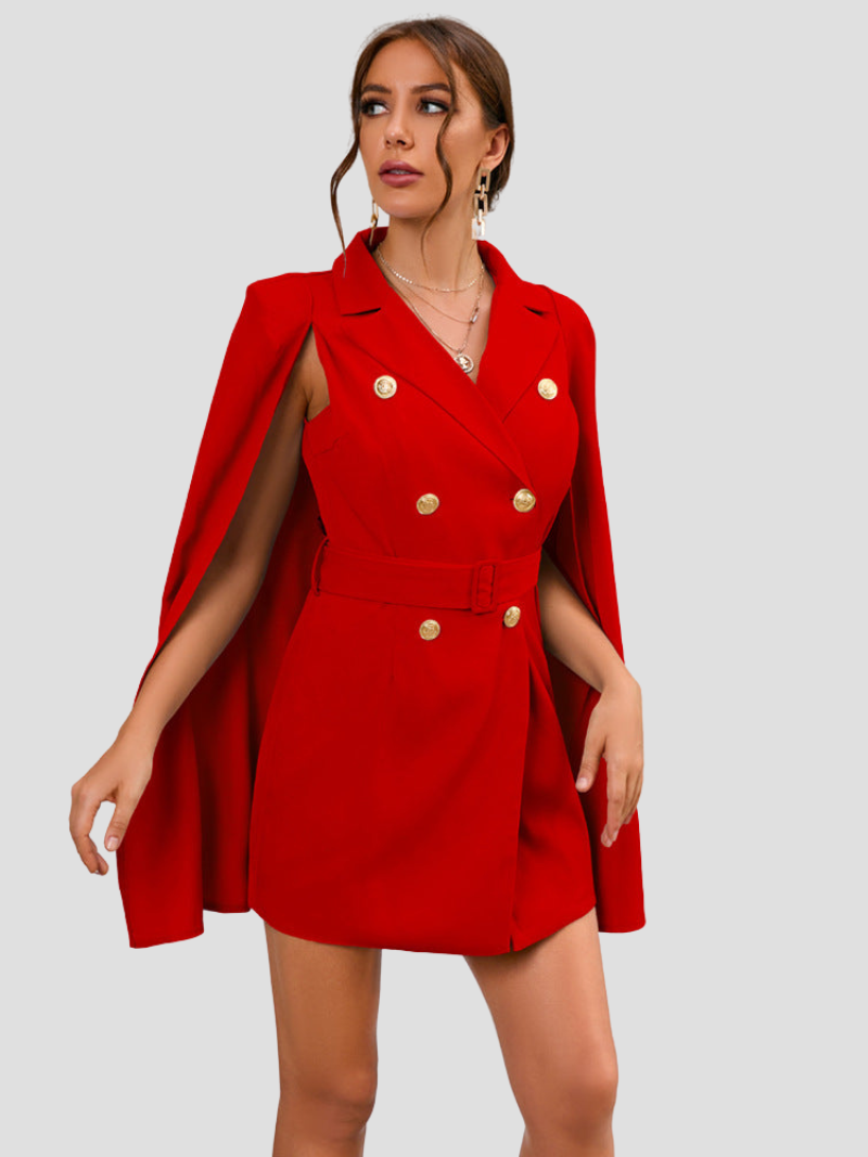 Women's Blazer Mini Dress - Double Breasted Cape Sleeve Notch Lapel Gold Button