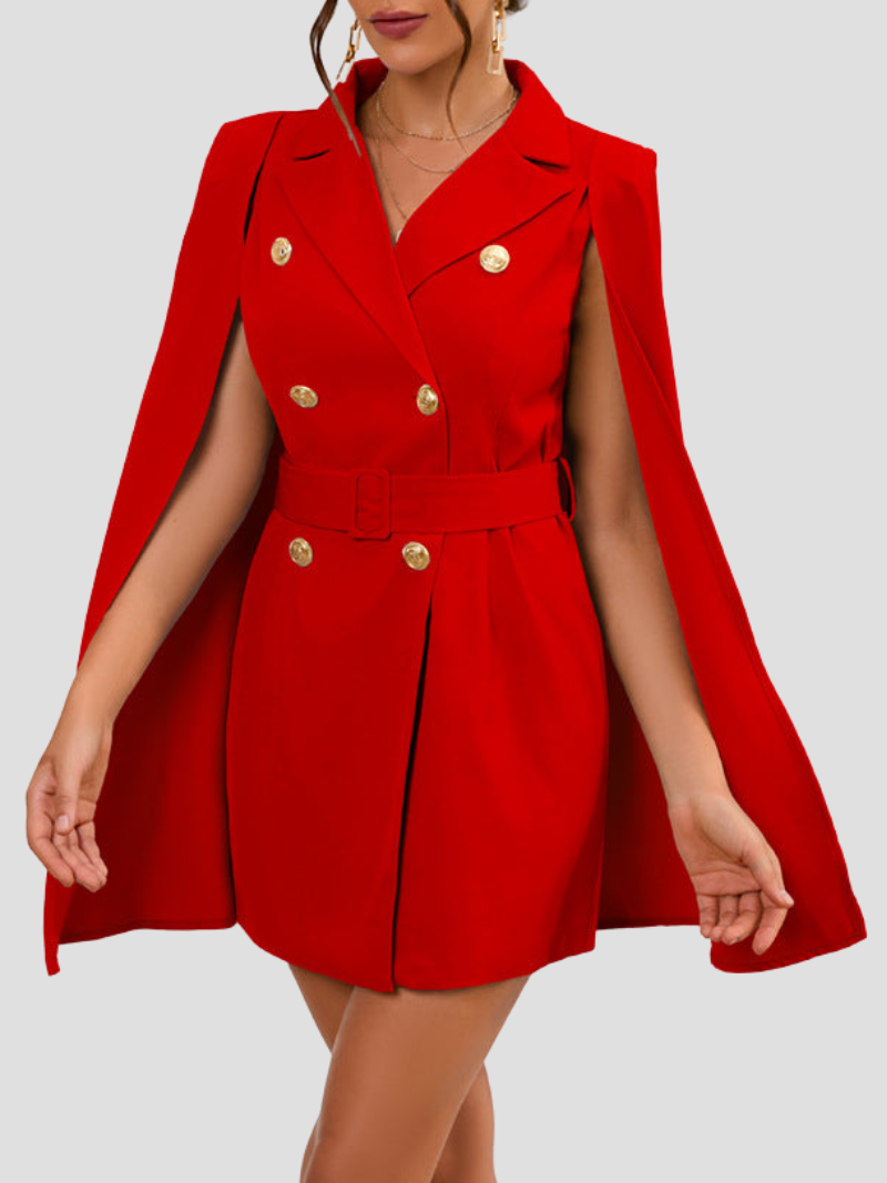 Women's Blazer Mini Dress - Double Breasted Cape Sleeve Notch Lapel Gold Button