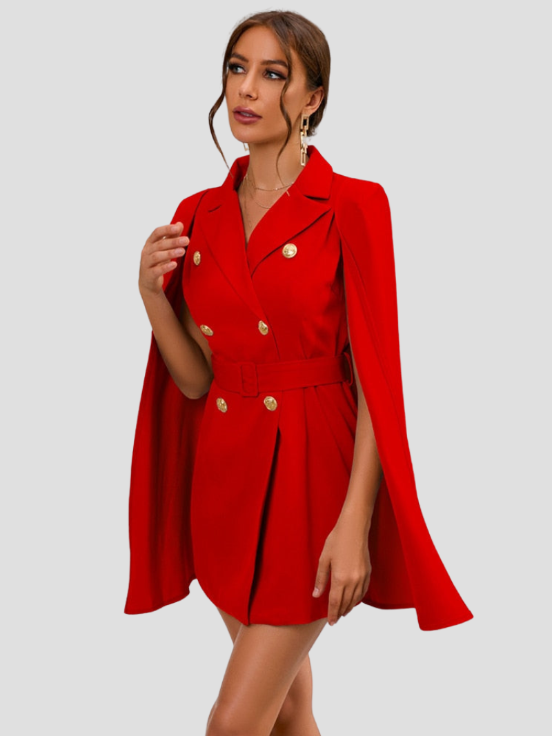 Women's Blazer Mini Dress - Double Breasted Cape Sleeve Notch Lapel Gold Button
