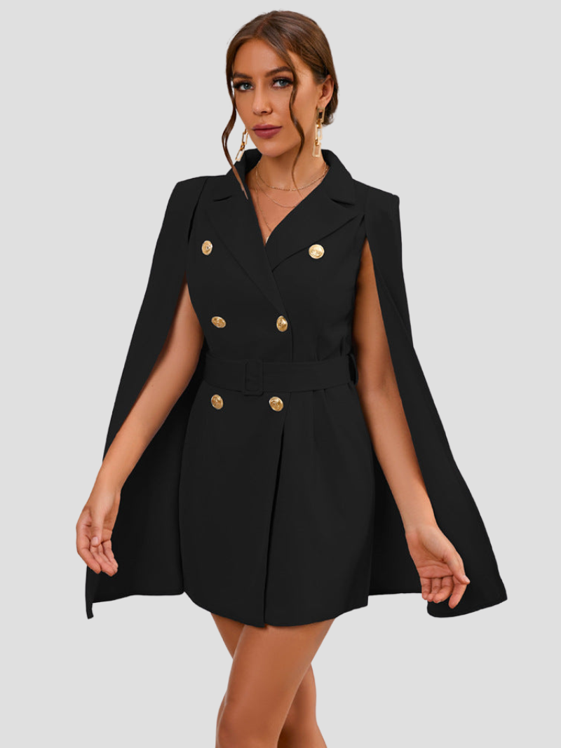 Women's Blazer Mini Dress - Double Breasted Cape Sleeve Notch Lapel Gold Button