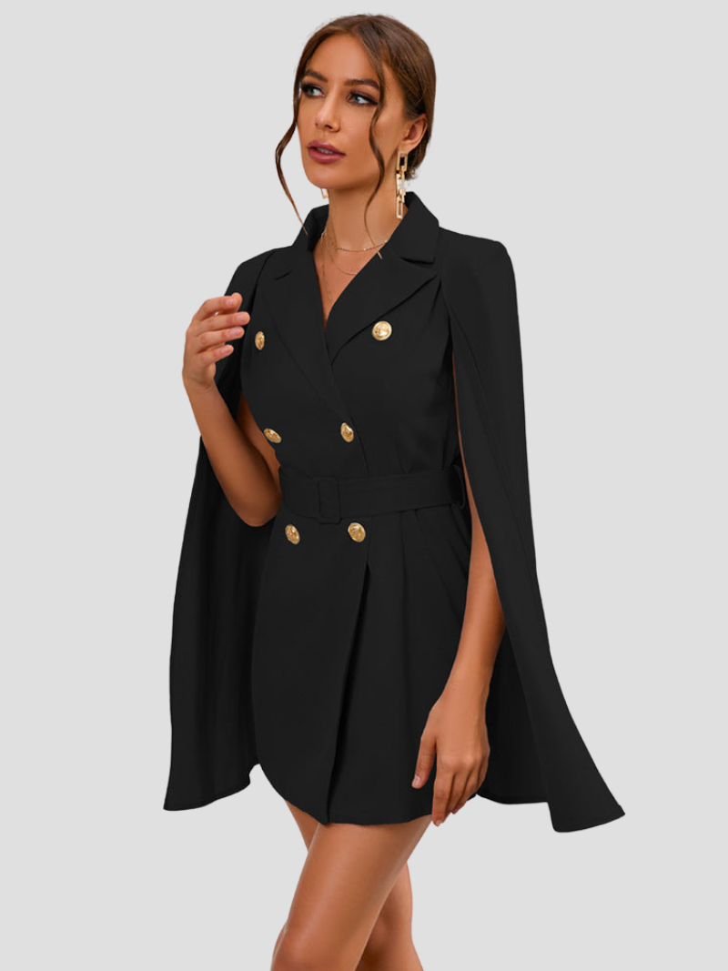 Women's Blazer Mini Dress - Double Breasted Cape Sleeve Notch Lapel Gold Button